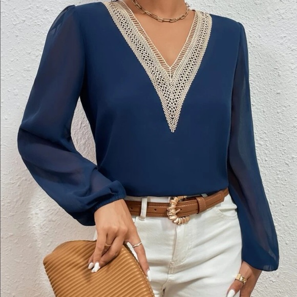 Classic navy blue  lace V neck blouse - Picture 13 of 15